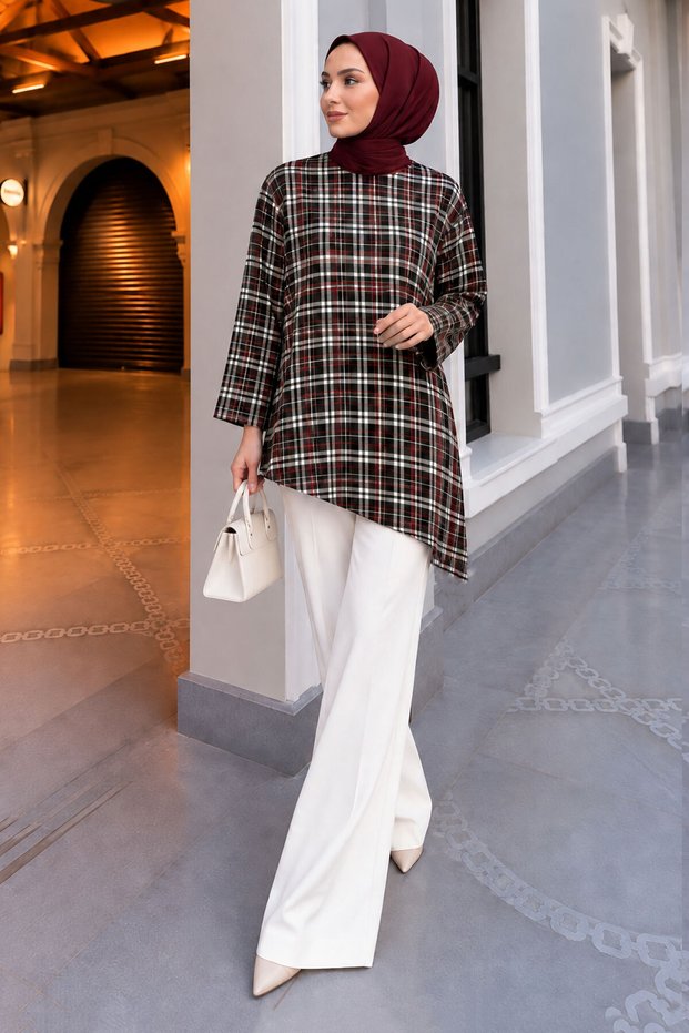 Plaid Asymmetrical Cut Tunic Tsd260298 Red