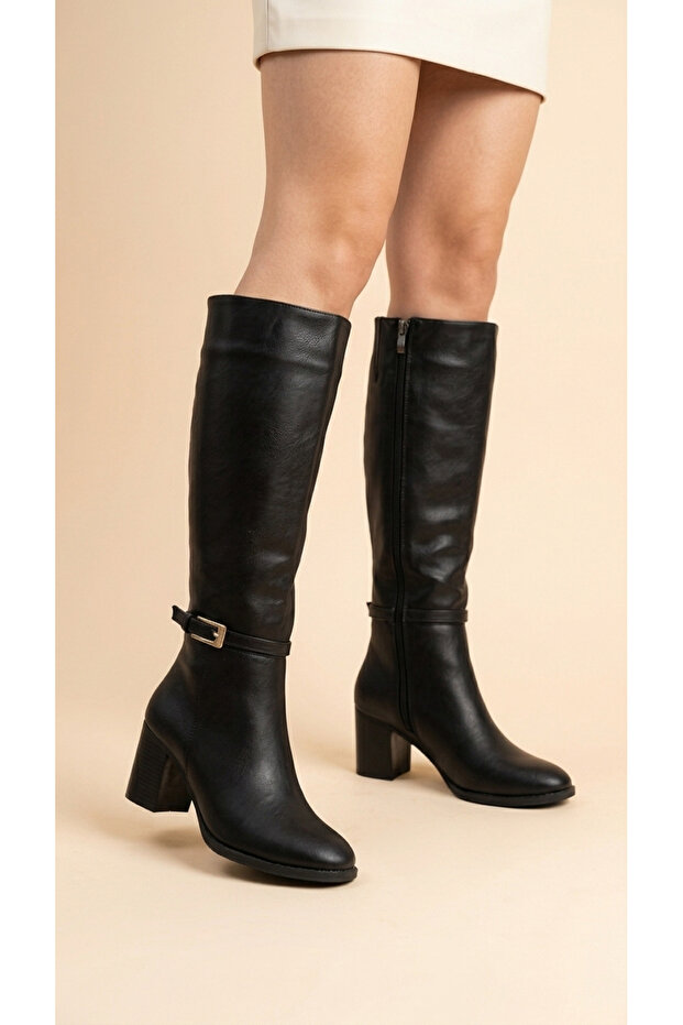 Women's Leather Look Zippered Buckle Thick Heeled Winter Below-Knee Boots