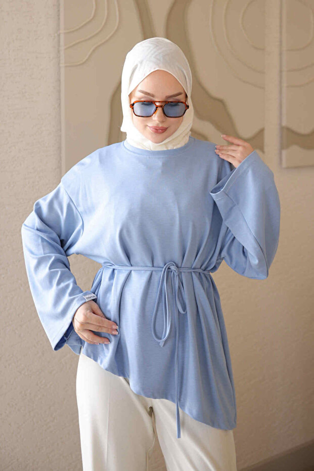 Baby Blue Asymmetrical Cut Tunic with Waist Tie