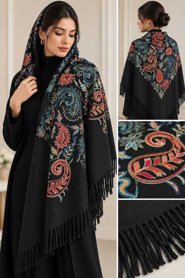 Embroidered Cashmere Wool Shoulder Shawl 70 X 200 cm Floral Ethnic Pattern Thick Tassel Shawl