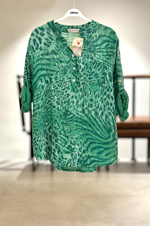 Leopard pattern 3 button imported linen shirt