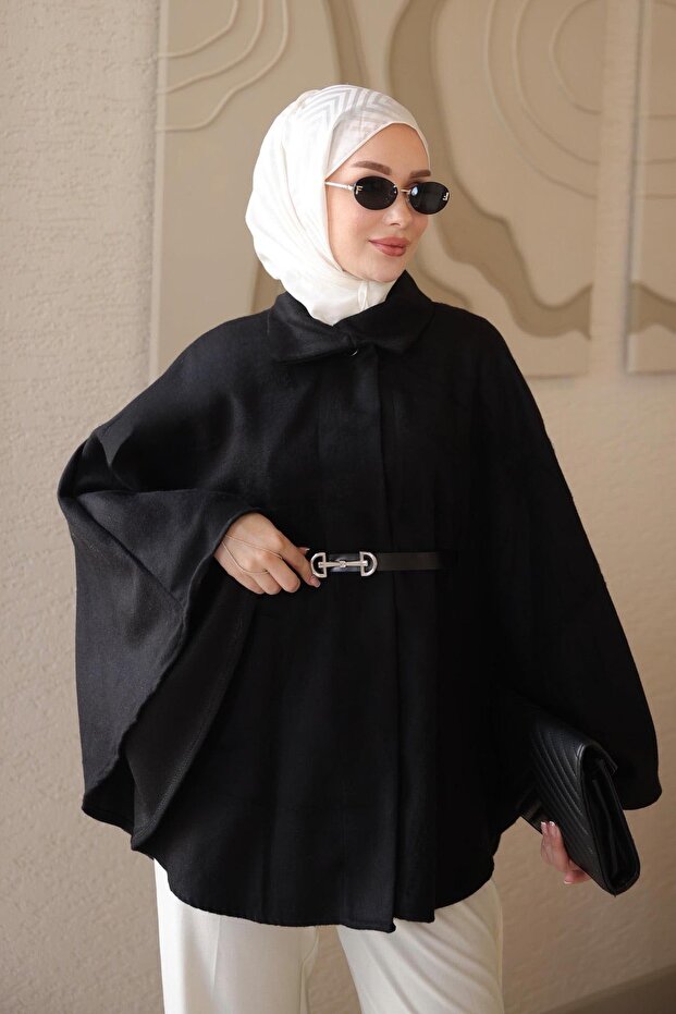 Black Oversize Patterned Belted Cashmere Poncho
