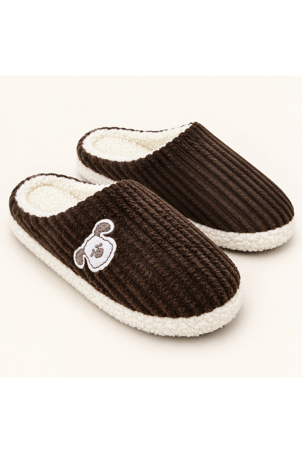 Plush House Slippers with Dog Embroidery, Ribbed Texture, Closed Toe