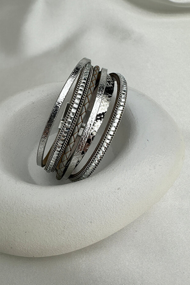 Silver Color Multi-Row Braided Bracelet with Shiny Stone Detail and Magnet (18cm)