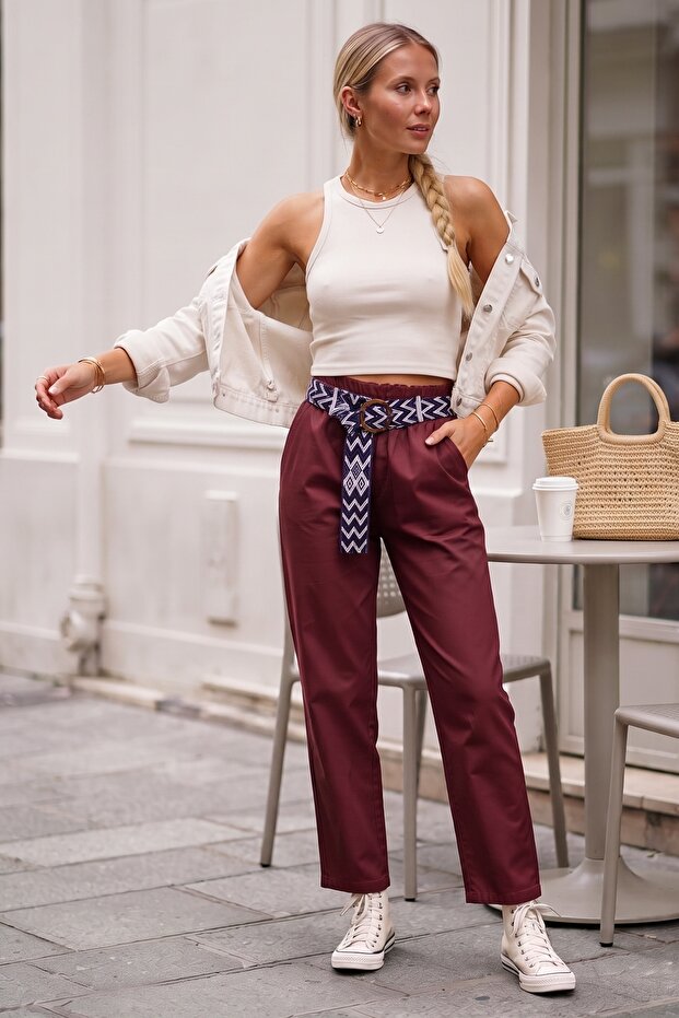 Burgundy Pocketed Belted Elastic Waist Straight Leg Casual Lycra Woven Trousers 100 60