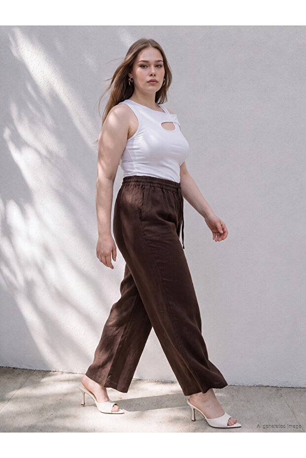 Lcwaikiki Curve Brown Plus Size Linen Blend Women's Trousers