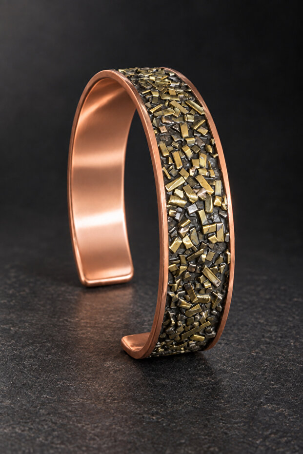 Mosaic Textured Pure Copper Body Open-Ended Handcuff Bracelet for Women and Men
