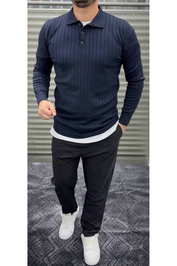 Polo Neck Buttoned Men's Knitwear Sweater