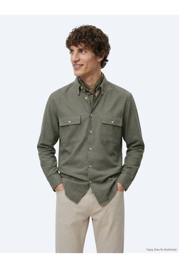 Khaki Plain Regular Fit Long Woven Casual 100% Cotton Shirt