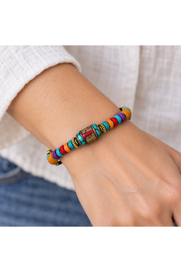 Turquoise Orange Red Beaded Gold Detailed Ethnic Design Stylish Bracelet