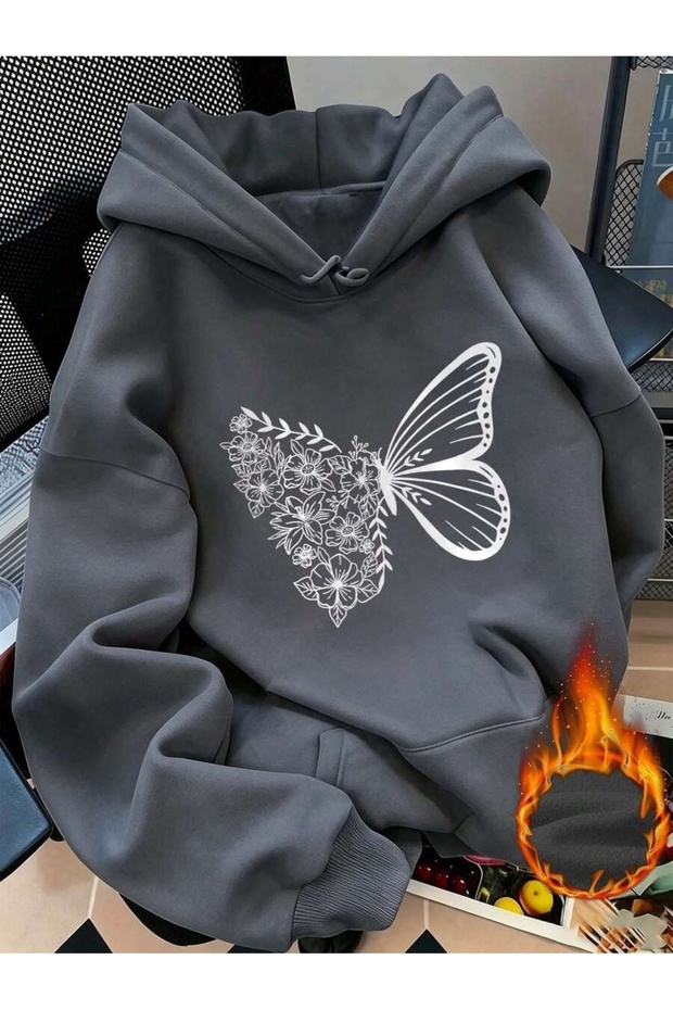 Unisex Anthracite White Floral Butterfly Printed Hooded Sweatshirt Printed Premium Oversize T-Shirt