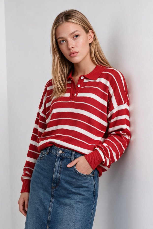 Polo Collar Striped Knit Sweater Lnt0045 Red Ecru