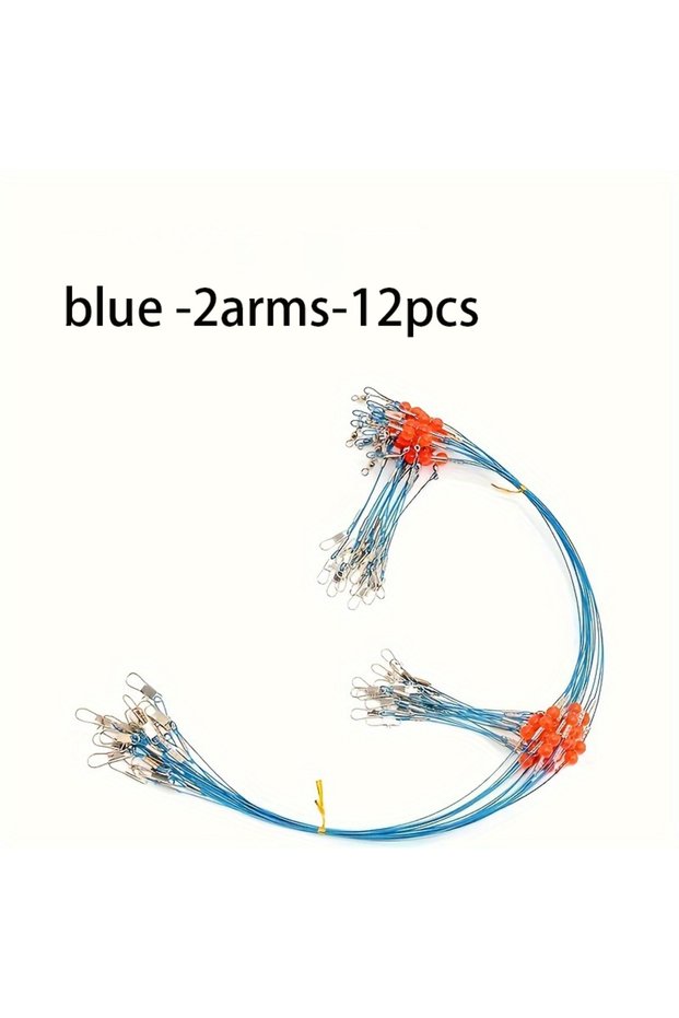 blue-2arms-12pcs Leader Rig Blue Stainless Steel Fishing Rigs with Snap,High-Strength Fishing Leader