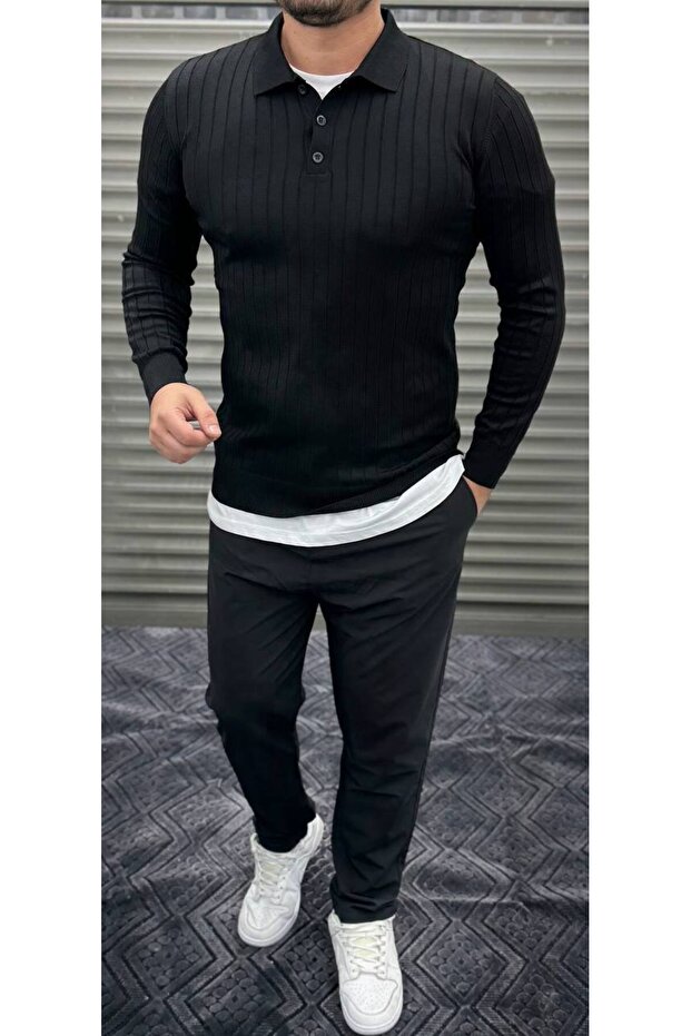 Polo Neck Buttoned Men's Knitwear Sweater