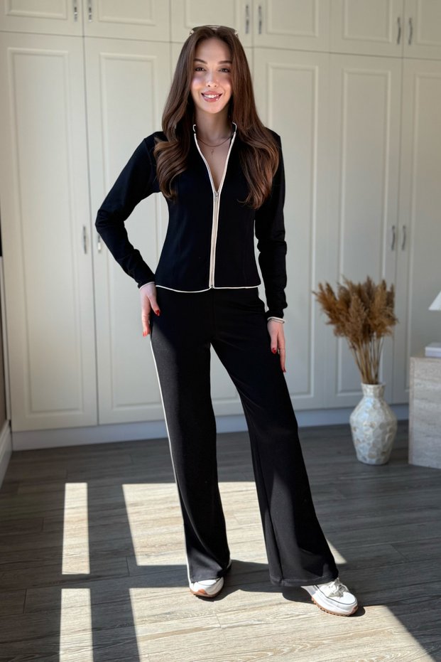 Piping and Zippered Modal Fabric Black Cardigan Trouser Set