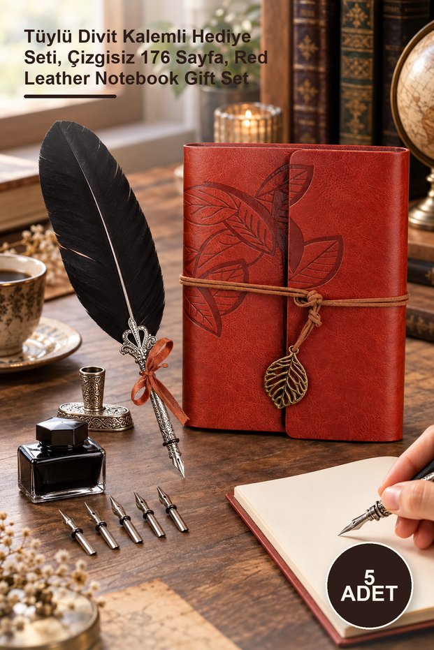 5 Red Leather Notebook Gift Set – Gift Set with Feather Dip Pen, Unlined 176 Pages, Red Leather Notebook Gift Set