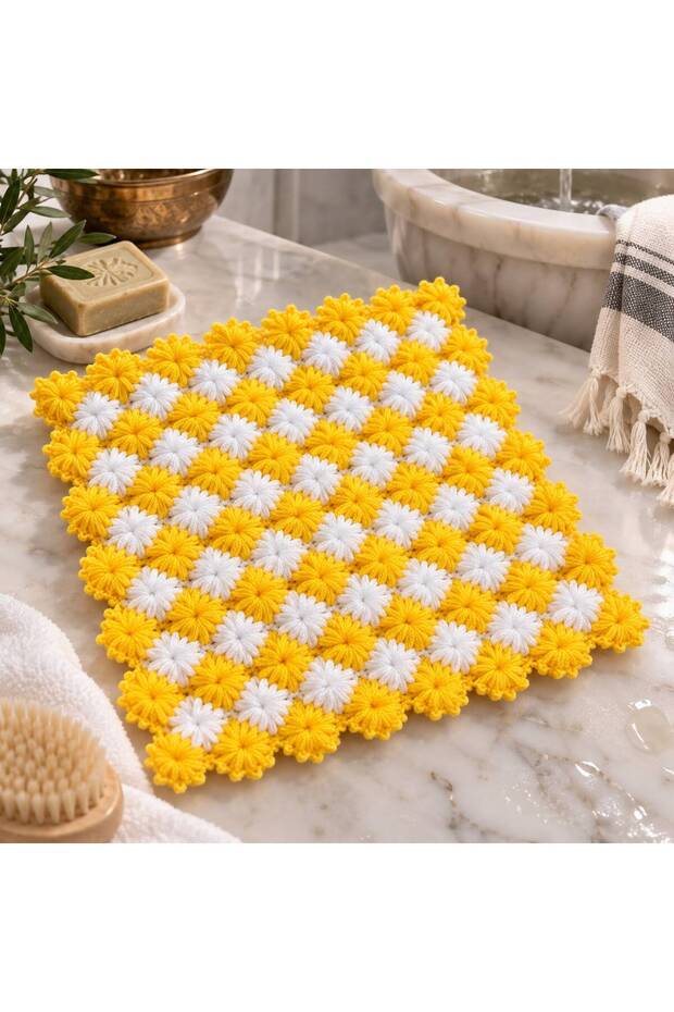 Handmade Knitted Washcloth Yellow White Floral Patterned Bath Shower Washcloth Decorative Gift