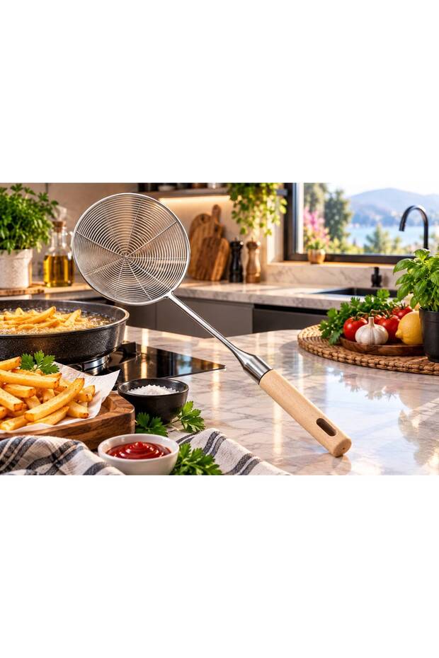 Stainless Steel Frying Colander with Wooden Handle, Oil Strainer, Steel Wire Skimmer Medium Size 13 cm