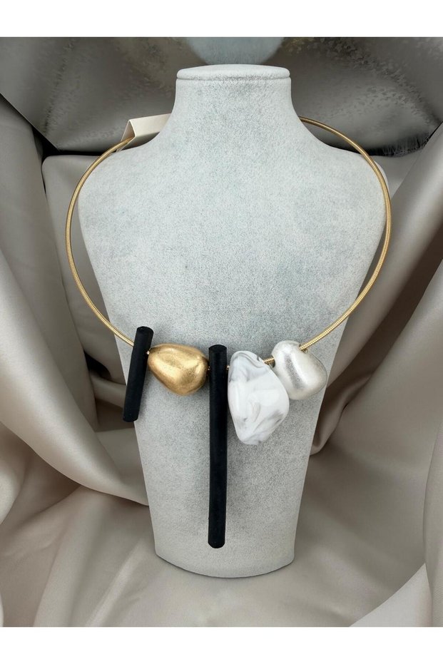 Modern Art Gold Statement Necklace – Asymmetrical Design with Black and White Geometric Stone Detail Women's Necklace
