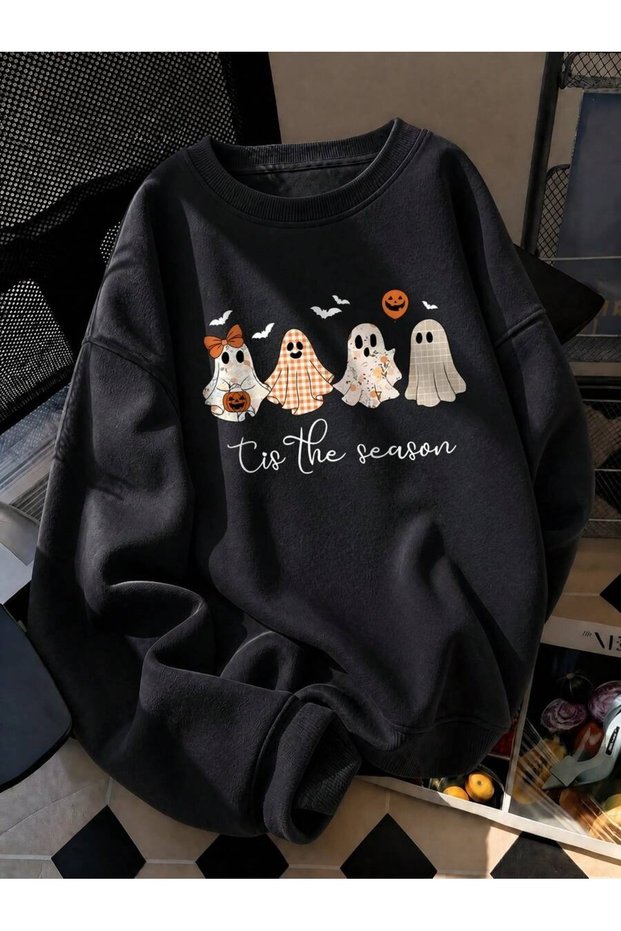Unisex Black Ghosts Printed Crew Neck Sweatshirt Printed Premium Oversize T-Shirt