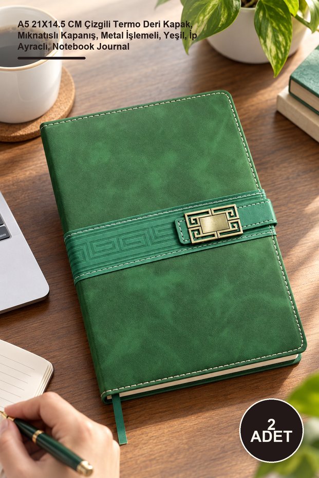 2 Undated Agenda Notebooks – A5 21X14.5 cm Lined Thermo Leather Cover, Magnetic Closure, Metal Embossed, Green, with String Marker, Notebook Journal