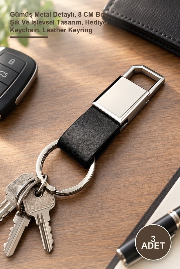 3 pieces black leather keychain - silver metal detailed, 8 cm length, stylish and functional design, gift, keychain, leather keyring