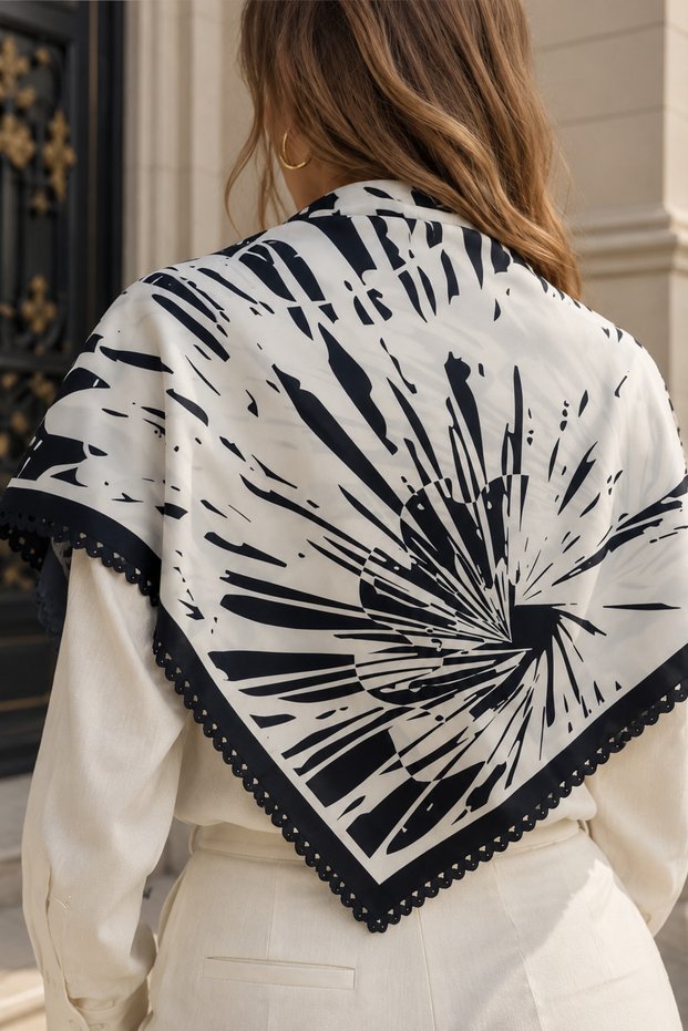 Choose Your Style Black and White Abstract Brush Patterned Lace Embroidery Cut Scarf / Bandana 70 X 70 cm