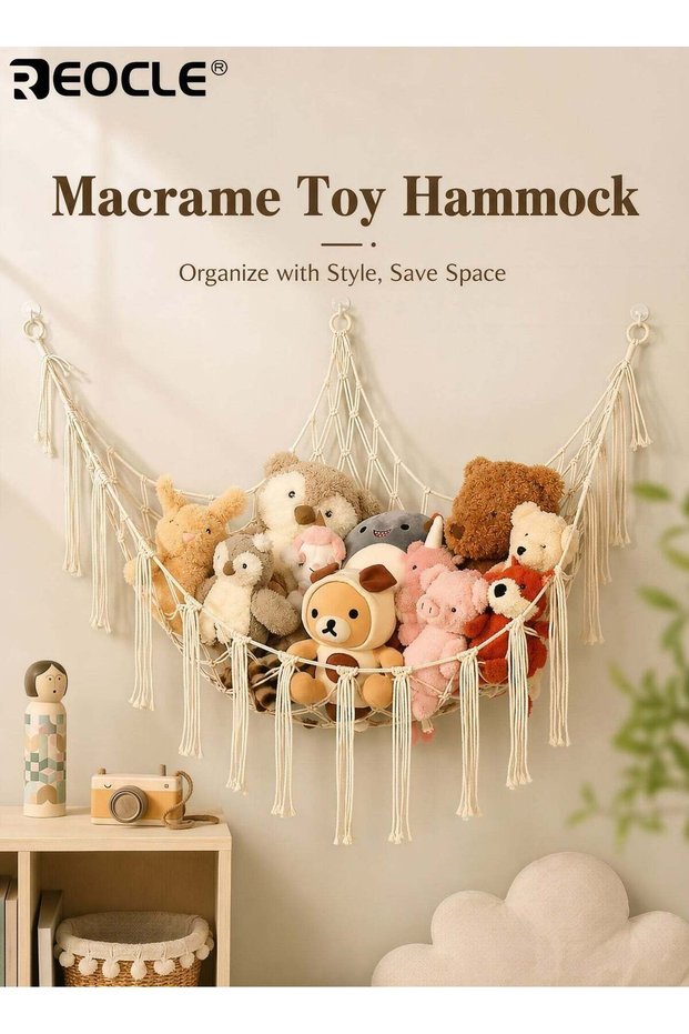 Stuffed Animal Storage Hammock Net Large Hanging Corner Organizer with Wooden Rings for Plush Toys Nursery & Bedroom Decor (100x100x150cm)