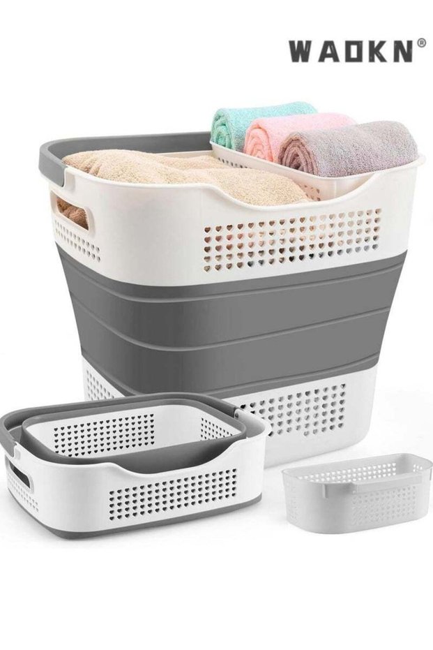 Foldable Laundry Basket Plastic with Handle, Collapsible Bucket Laundry Hamper, Plastic Basket Laundry Bin Container, Multi purpose Organizer Clothes Storage Washing Basket for Home - Dark Grey