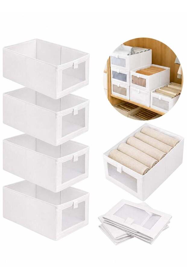Pack of 4 Foldable Cotton Fabric Closet Organizers with Transparent Viewing Windows, Reinforced Stackable Clothing Storage Boxes with Handles for Clothes, Sweaters, Pants, Toys, Books and Home Access
