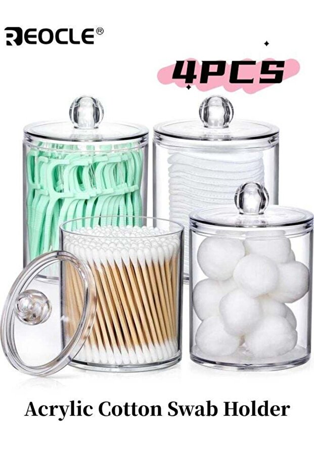 4PCS Acrylic Cotton Swab Holder with Clear Canister Design and Multi Purpose Use Bathroom Organizer with Stackable Feature for Vanity Makeup Storage