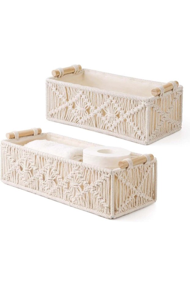 2‑Pack Boho Hand‑Woven Macrame Storage Baskets, Ivory Cotton Storage Bins with Lining & Sturdy Handles, Decorative Woven Organizer for Bathroom Bedroom Living Room