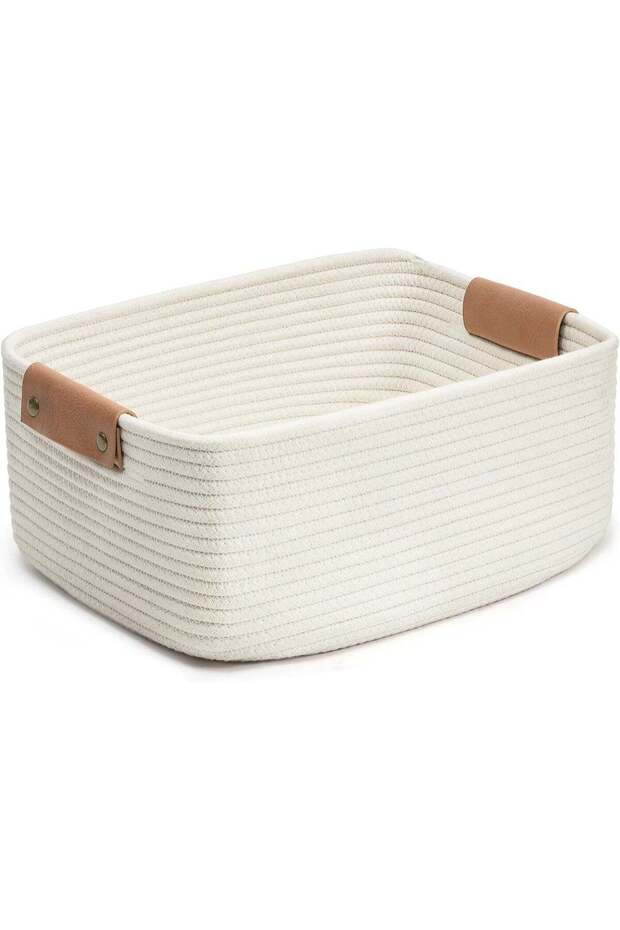 Rectangle Cotton Rope Woven Storage Basket with Handles, Decorative Organizer for Toys, Books, Magazines, Perfect for Baby Nursery, Living Room, Bathroom & Home Decor