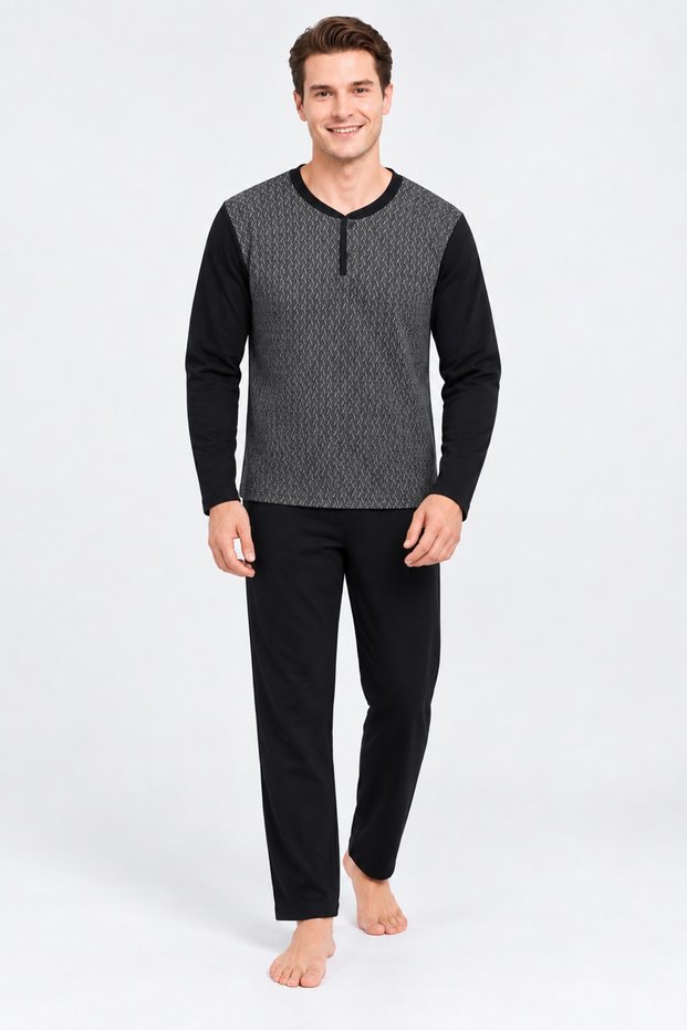 Men's Pajama Set. 100% Cotton. Jacquard. Interlock. Button-Down Collar. Long Sleeves. Black