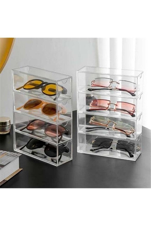2 Pack Sunglasses Case Storage Box with 4 Clear Divided Drawers for Glasses - Sunglass Organizer Acrylic Tabletop Display Organizer Jewelry Cosmetic Watch Storage Makeup Brush Holder Eye Glass Cases