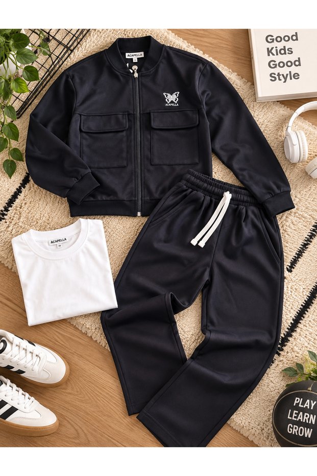 3-piece 100% cotton wide-leg seasonal tracksuit set: black zip-up cardigan, white bodysuit, oshyo fabric kids' sportswear outfit