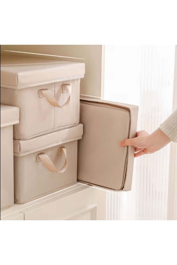 1pc Traditional Fabric Storage Box with Lid - Non-Waterproof, Multipurpose, Rectangle, Flip Top Closure - Large Capacity Foldable Clothes Organizer for Socks, Toys etc Household Use, Under-Bed (Beige