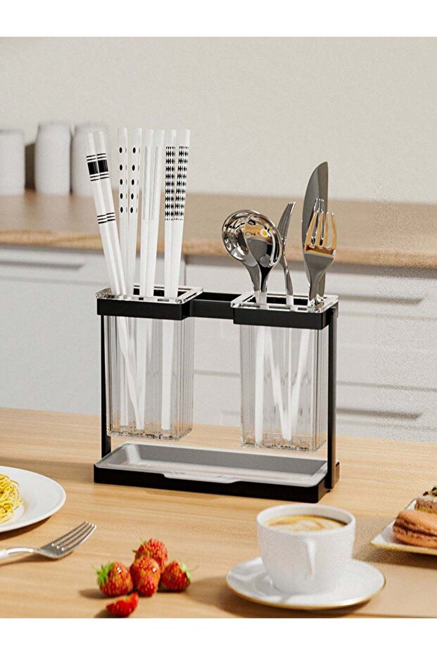 Black Countertop Chopstick Storage Box – Multifunctional Tableware Organizer with Water Tray – Space-Saving Drying Rack for Chopsticks, Spoons & Forks – Sleek Double-Cup Design for Efficient Kitchen