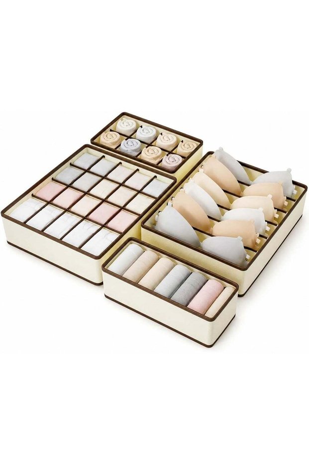 Drawer Organizer for Clothes Set, 4 Pack Foldable Dresser Closet Dividers (6/7/8/24-Cell), Non-Woven Underwear & Sock Drawer Organizer, Bra/Tie/Belt Storage Bins (Beige)