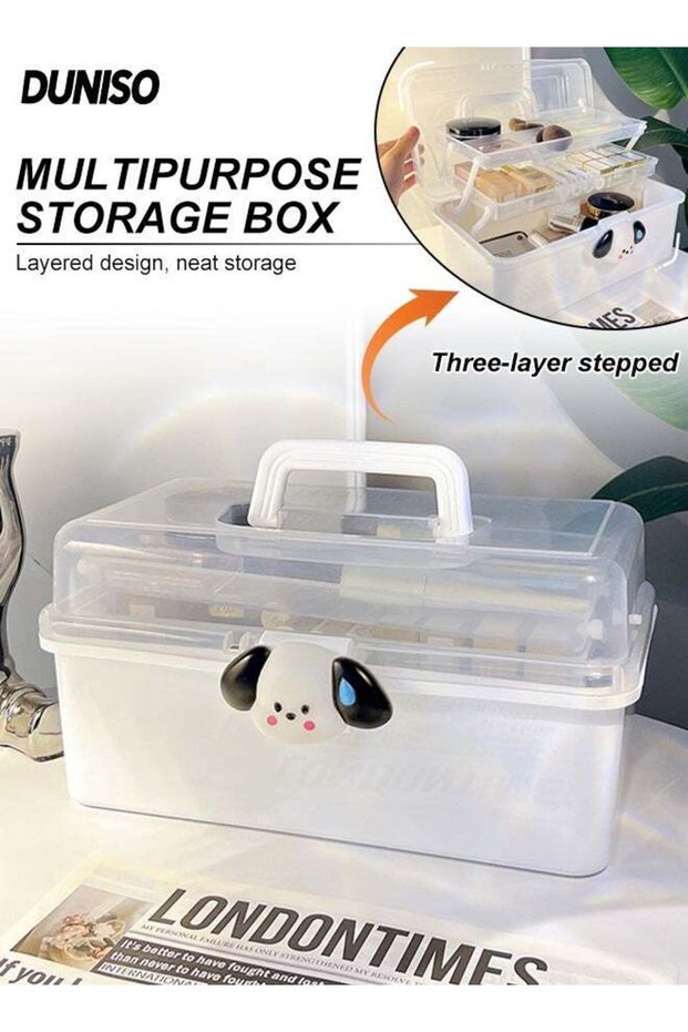 Multipurpose Storage Box With Lockable Lid, Three-Layer Clear Stationery Storage Box, Folding Tool Box, Large Capacity Storage Box for Hair Accessories and Cosmetics