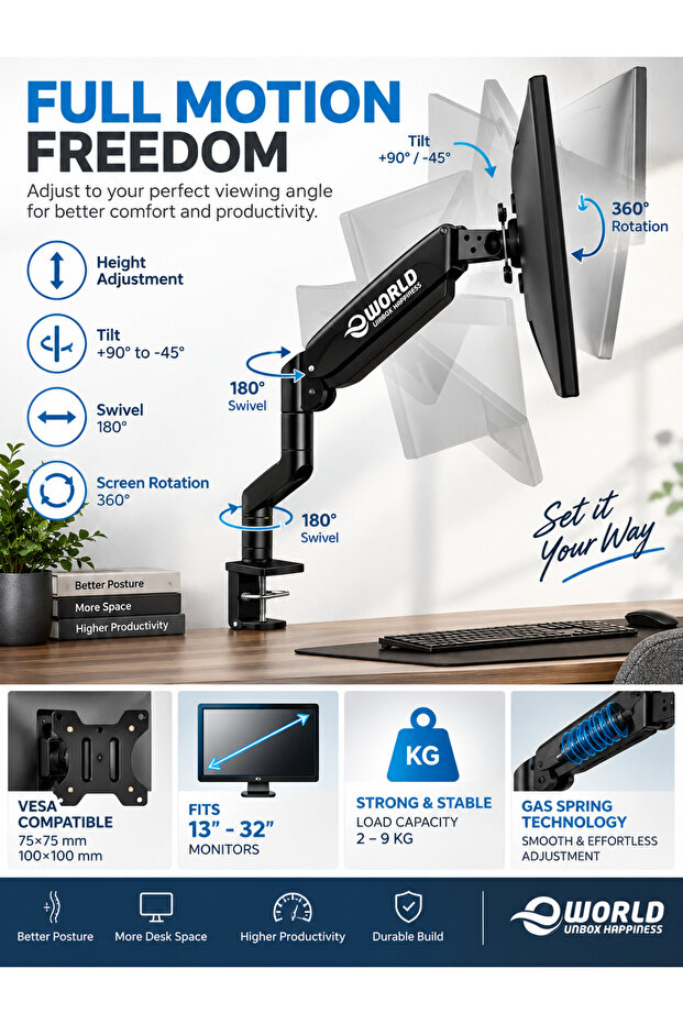 Single Monitor Arm Desk Mount, Gas Spring Full Motion Stand for 13-32 Inch Screens