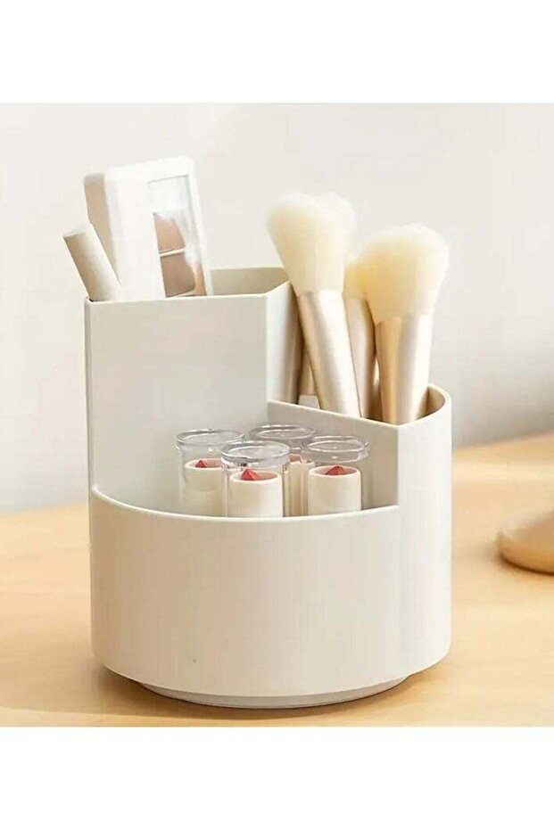 Rotating Makeup Brush Holder 3 Compartments Cosmetic Supplies Organizer for Pen Eyebrow Pencil Makeup Brushes Desktop Storage Box in Classroom and Art Studio - white