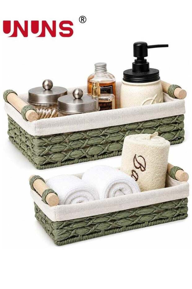 2Pcs Wicker Basket,Wicker Storage Basket,Woven Storage Box with Wooden Handles Rope Basket for Toilet Paper Organizer Bathroom Counter Bedroom Kitchen Nursery(Green)