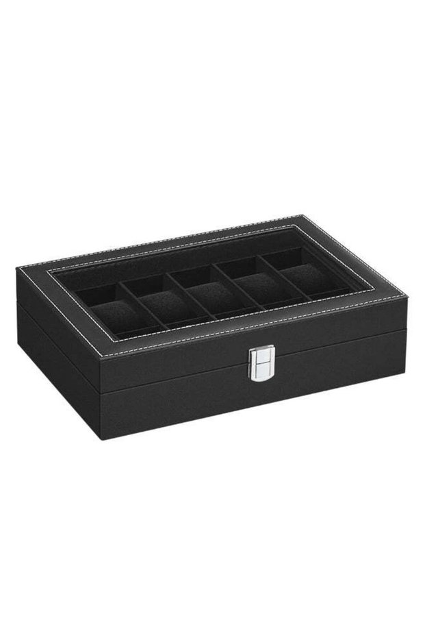 SONGMICS Watch Box, 12-Slot Watch Case with Large Glass Lid, Removable Watch Pillows, Watch Box Organizer, Gift for Loved Ones, Black Synthetic Leather, Black Lining