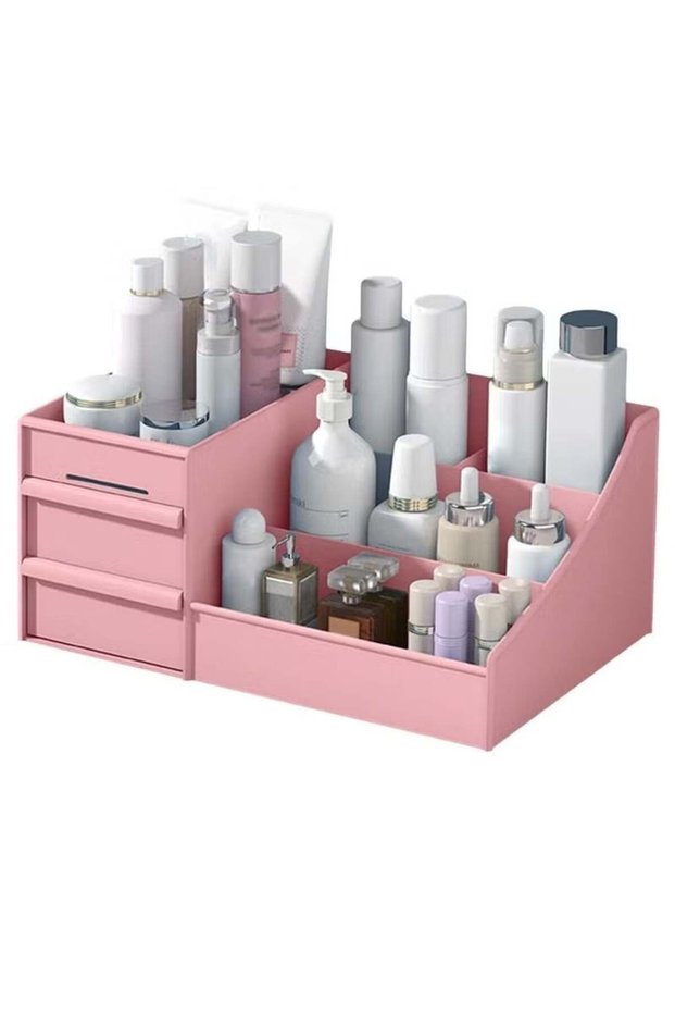 Makeup Desk Cosmetic Organizer with Drawers, Pink Vanity Storage Box for Cosmetics and Skincare Products, 28 x 13 x 18 cm