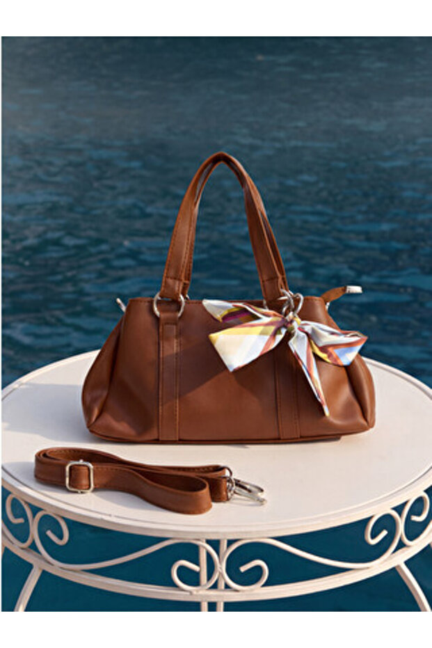 Brown Leather Look Women's Shoulder Bag with Scarf Accessory