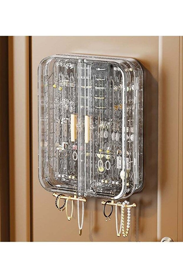 Wall Mounted Jewelry Organizer, No Drilling Dustproof Clear Jewelry Box with Door and Hooks, Multi-Compartment Earring Necklace Holder for Bedroom, Bathroom and Vanity (Grey)