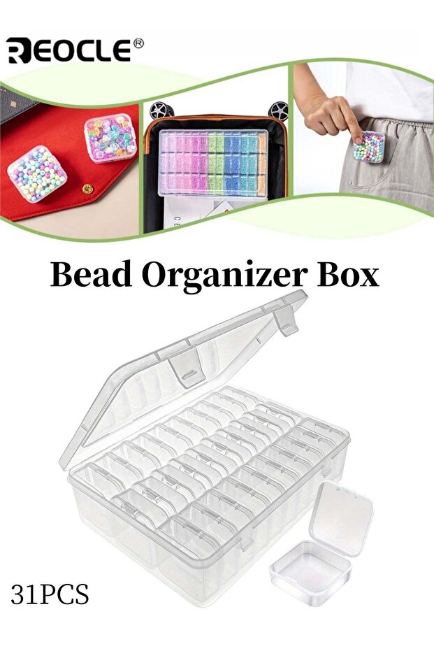 Bead Organizer Set with 30 Plastic Cases and Hinged Lid Design Clear Storage Containers with Rectangle Compartments for Craft Supply Organization