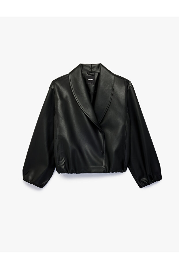 Shawl Collar Pocketed Long Sleeve Faux Leather Bomber Jacket