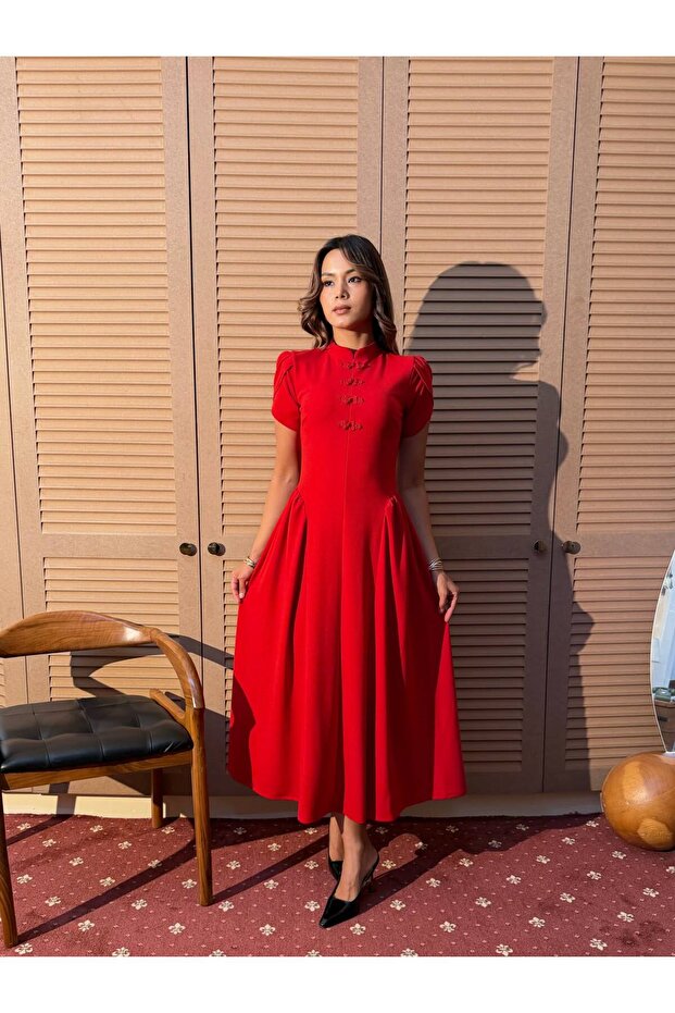 Half Sleeve Waist Drape Collar Scuba Dress with Accessories